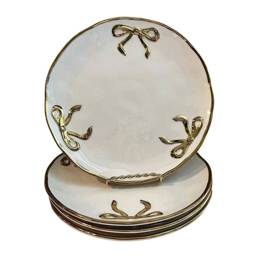 Hand Painted Coquette GOLD BOW Dinner Plates 10.5in White Ceramic Set of 4 New